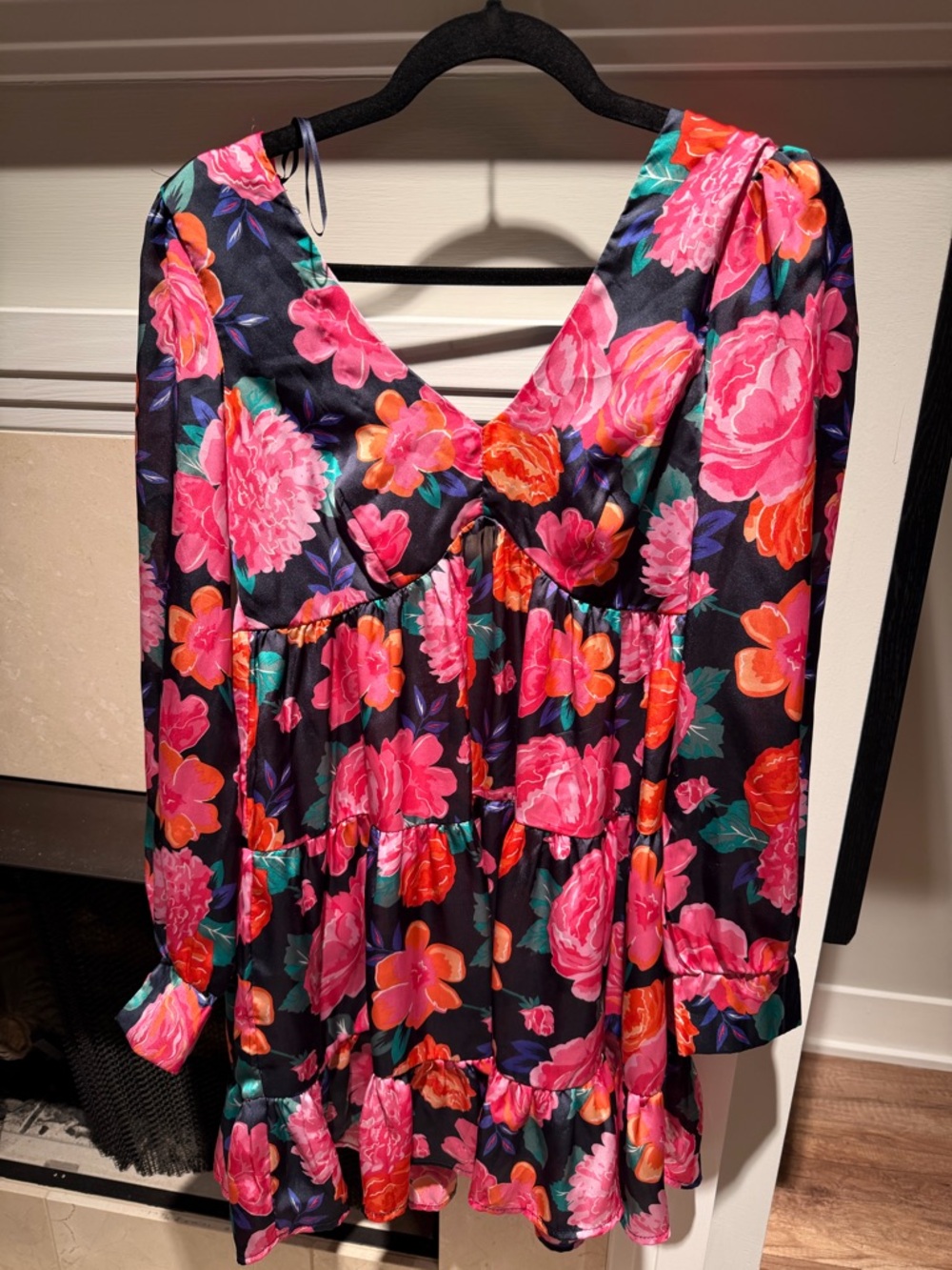 Dark Blue Floral Tiered Mini Dress with Pink & Orange Blooms